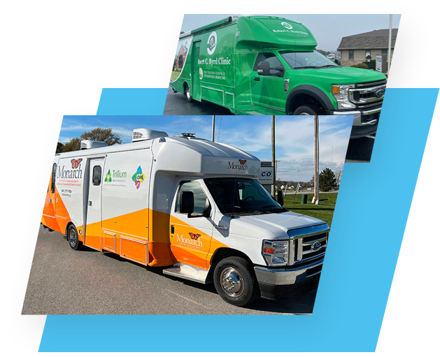 Angular collage featuring two brightly-colored mobile clinics in orange and green