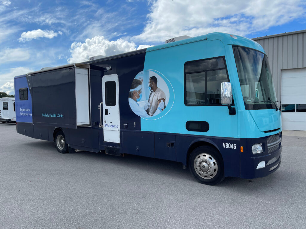 Exterior of a blue 2018 Farber Mobile Medical Clinic