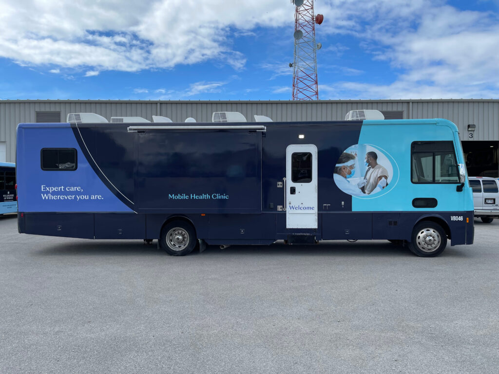 Exterior of a blue 2018 Farber Mobile Medical Clinic