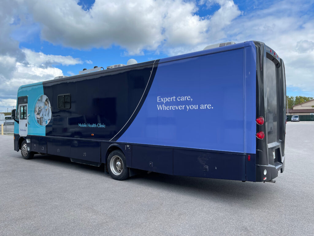 exterior of a blue 2018 Farber Mobile Medical Clinic