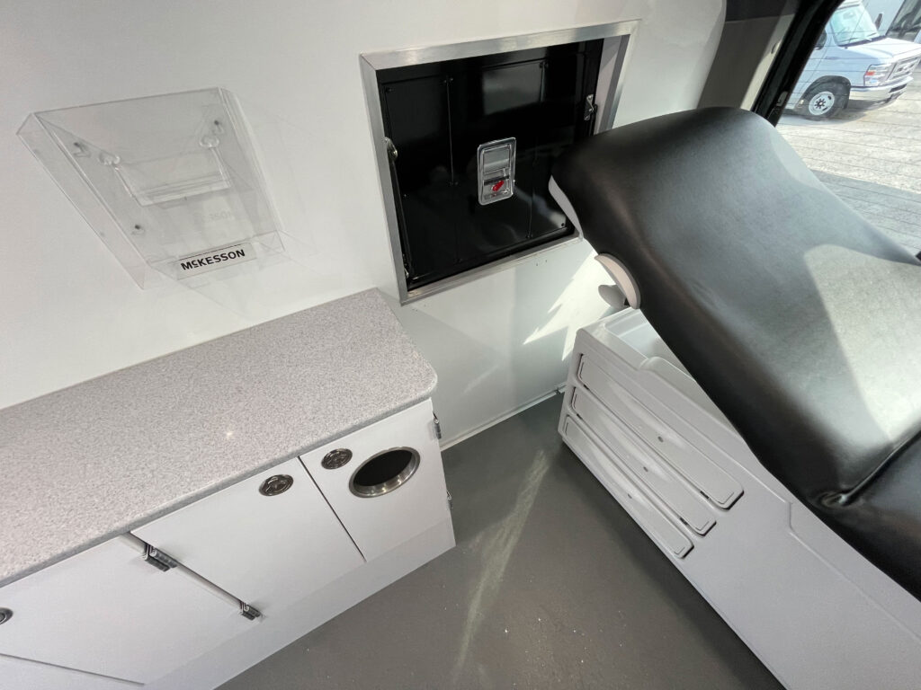 Interior of a 2016 mobile medical clinic sprinter for sale.