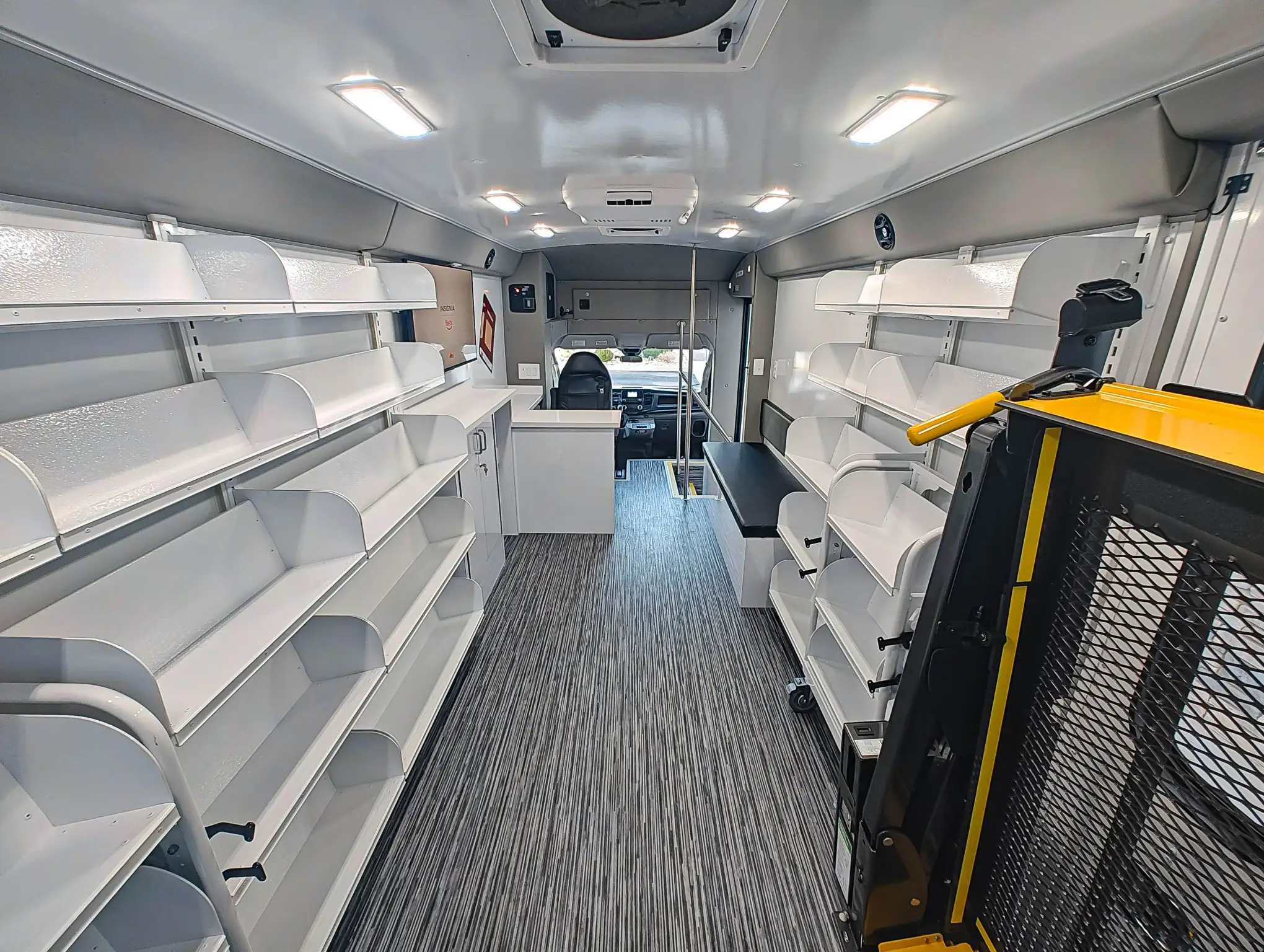 Interior of a Ford Transit Bookmobile for sale