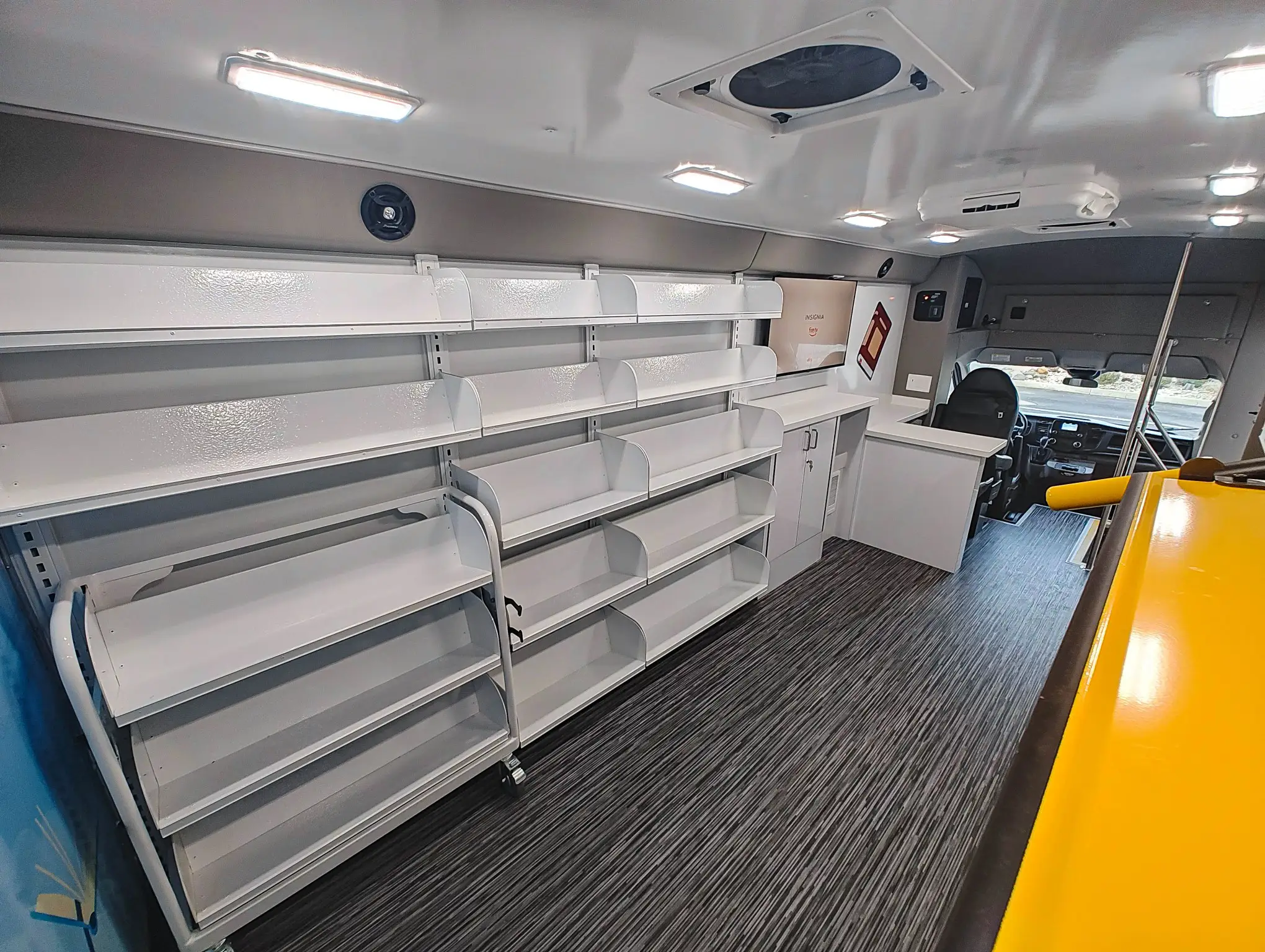 Interior of a Ford Transit Bookmobile for sale