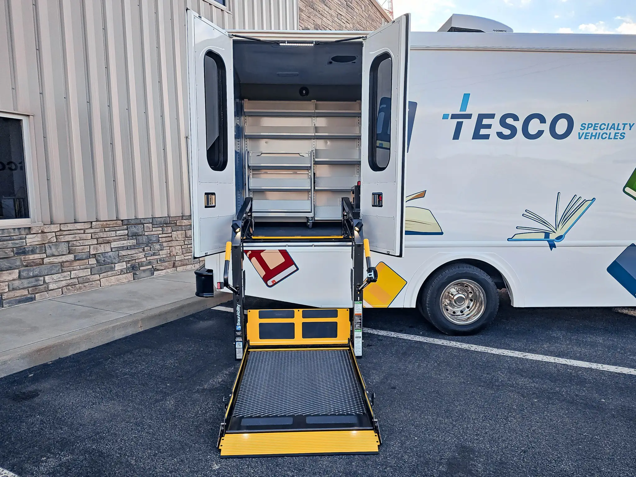 Interior of a Ford Transit Bookmobile for sale